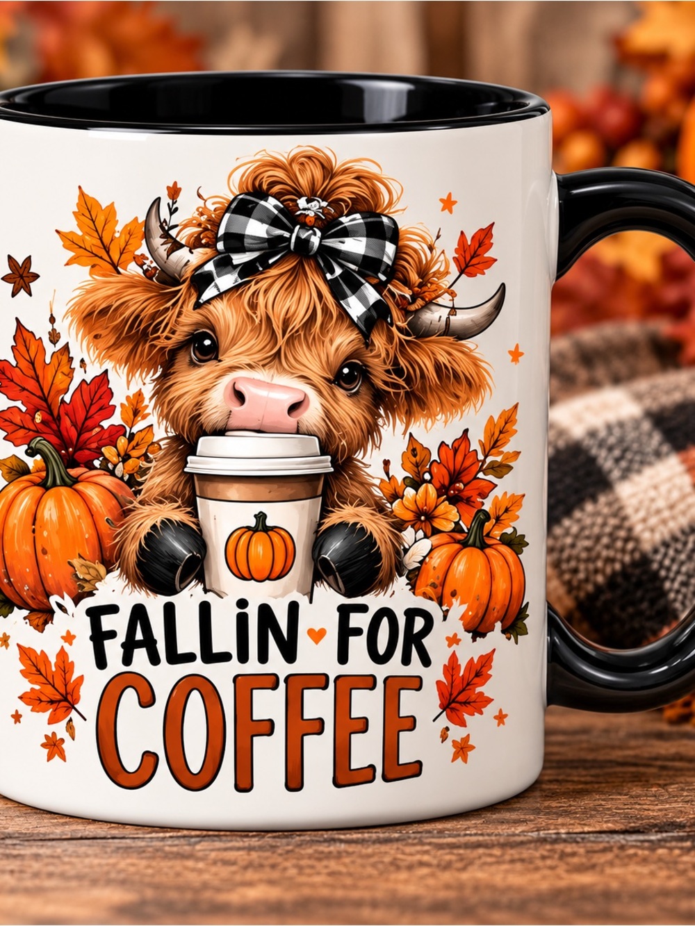Autumn Cow 'Fallin' for Coffee' Ceramic Mug - White & Black